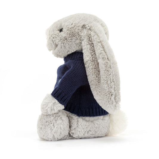 Bashful Silver Bunny With Personalized Navy Jumper - US 4814