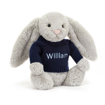 Bashful Silver Bunny With Personalized Navy Jumper - US 4814