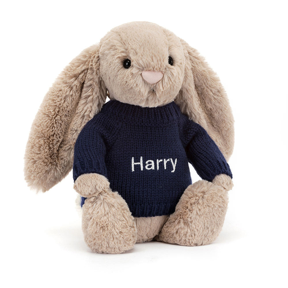 Bashful Beige Bunny With Personalized Navy Jumper - US 5138
