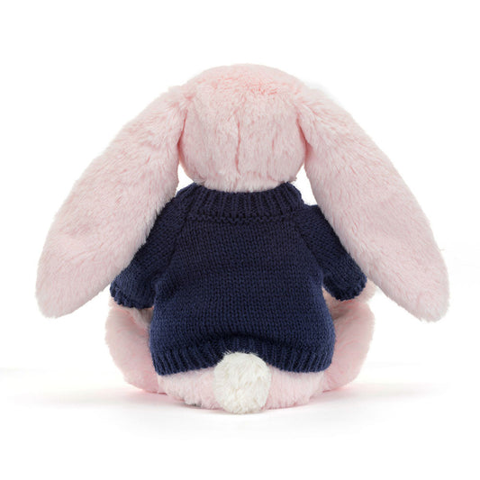 Bashful Pink Bunny With Personalized Navy Jumper - US 3060