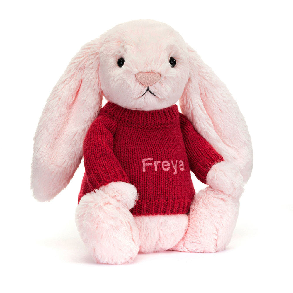 Bashful Pink Bunny With Personalized Red Jumper - US 4532